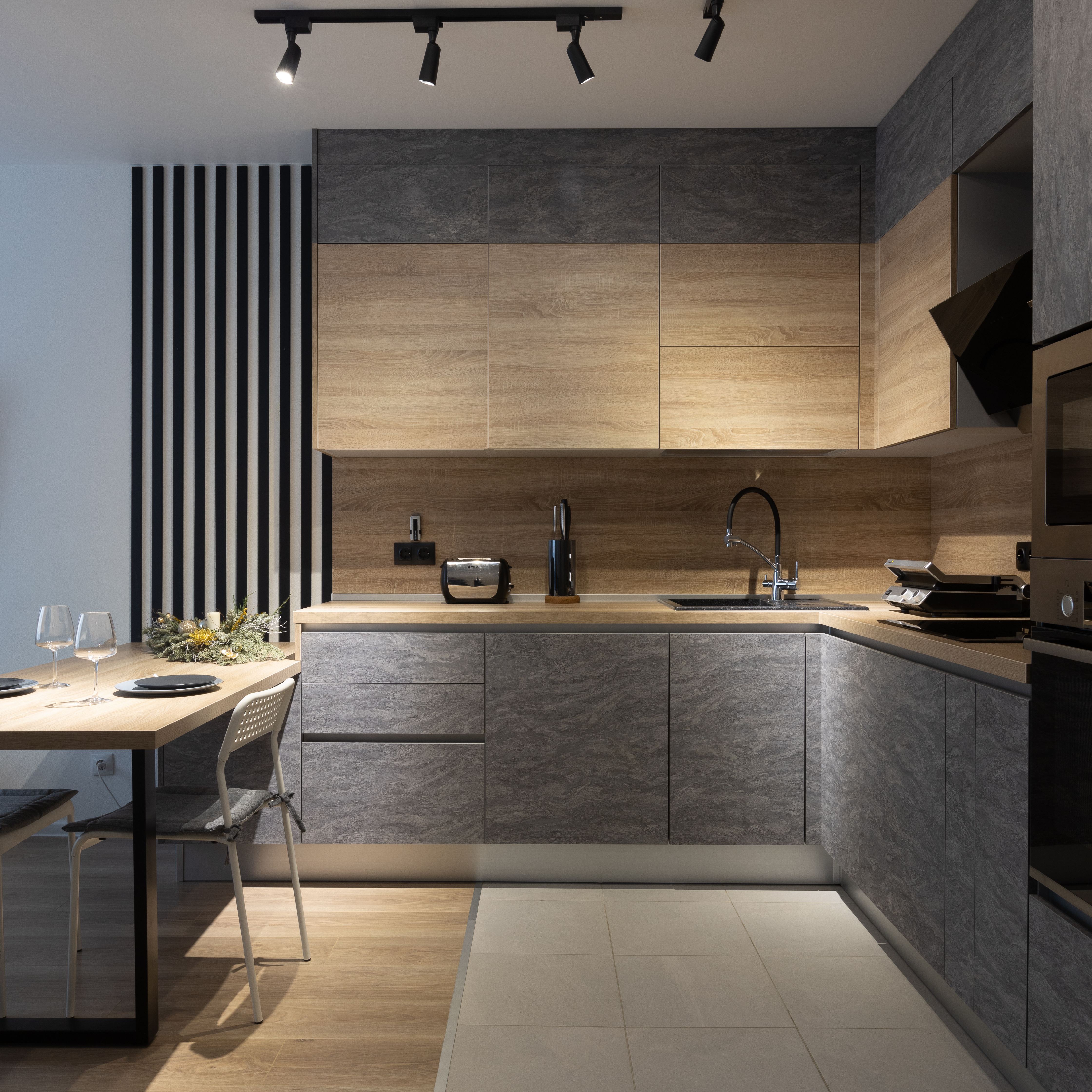 Прямая кухня Нова Blackstone 220х234х60 с верхом